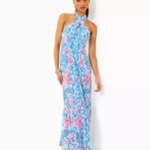Lilly Pulitzer Pink and Blue Halter Maxi Sundress